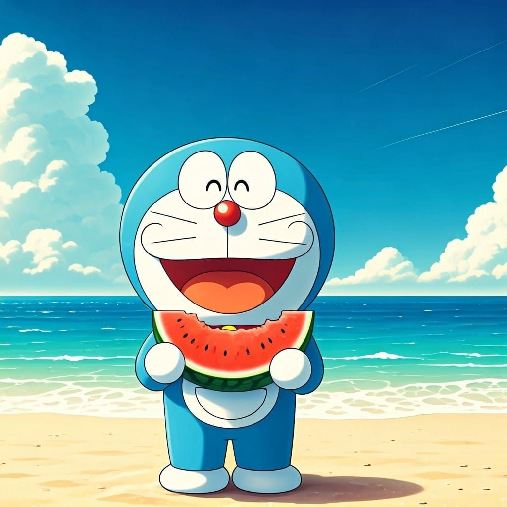 Doraemon on a beach