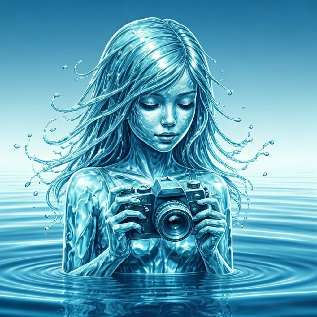 Dreamy Water Girl Photographer in Shimmering Oceanic Scene