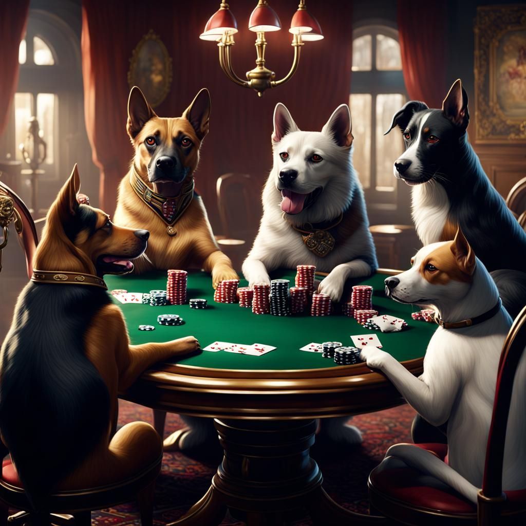 Dogs and Cats Playing Poker in Detailed Painting