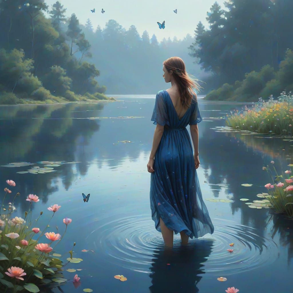 Dreamy Indigo Goddess Amidst Vibrant Floral Reflections