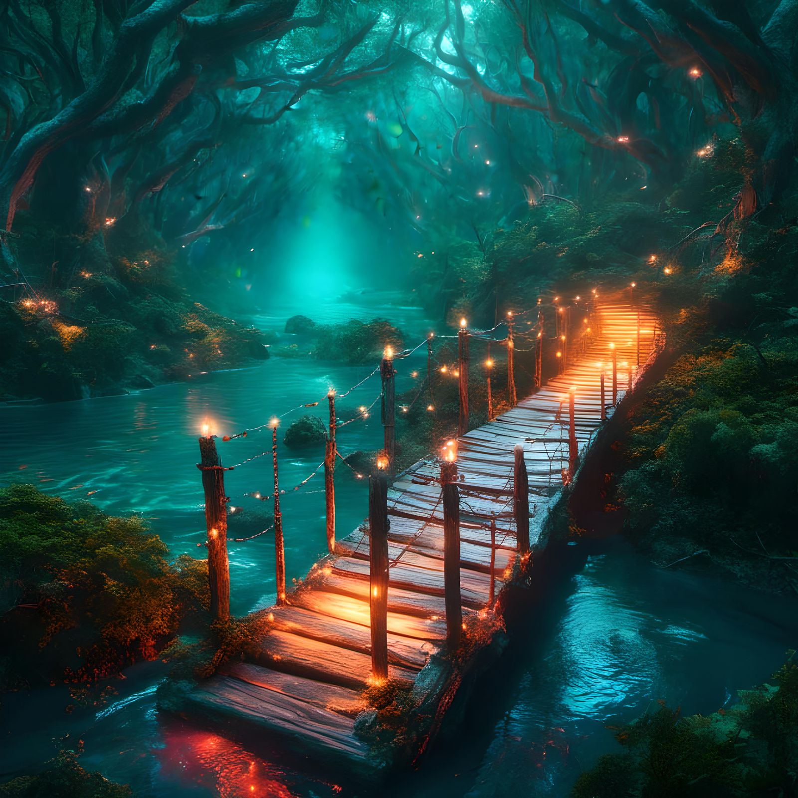 Glowing Wooden Bridge in Mystical Forest Setting