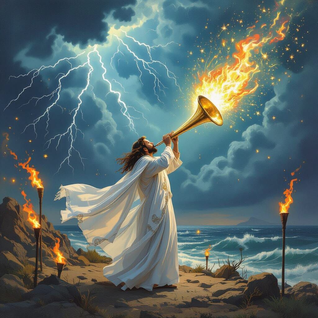 Majestic Shofar Blower in Heavenly Light, Dreamlike Art