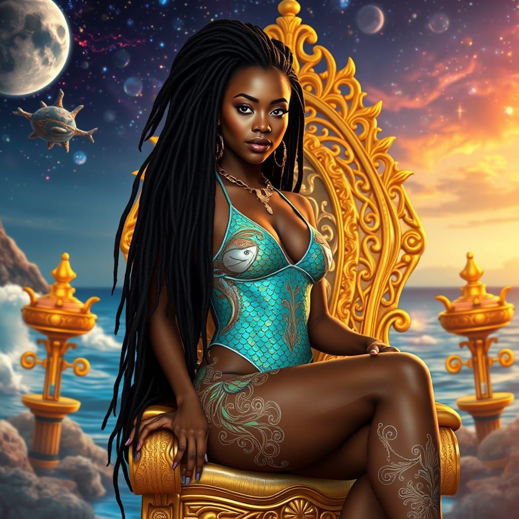 Hyperrealistic Black Queen on Golden Throne