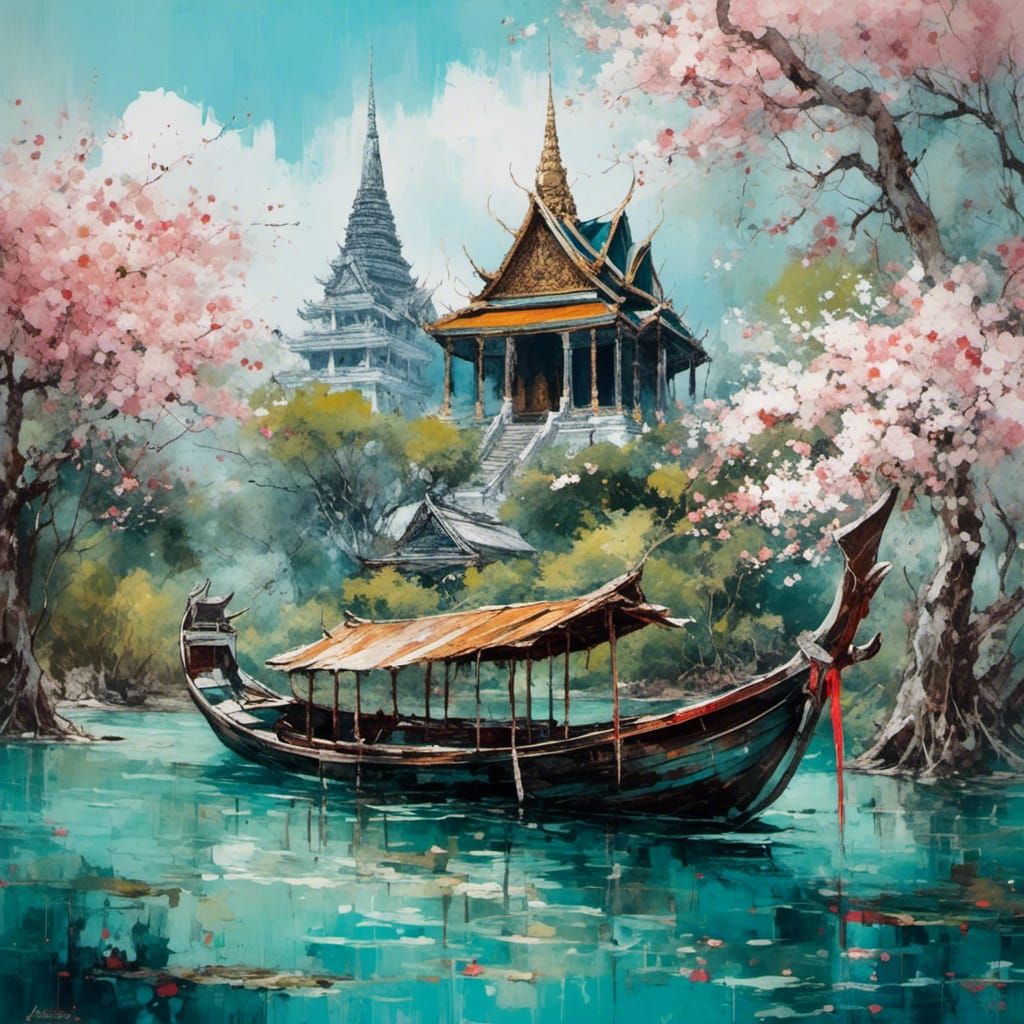 Traditional Thai Longtail Boat with Temple View