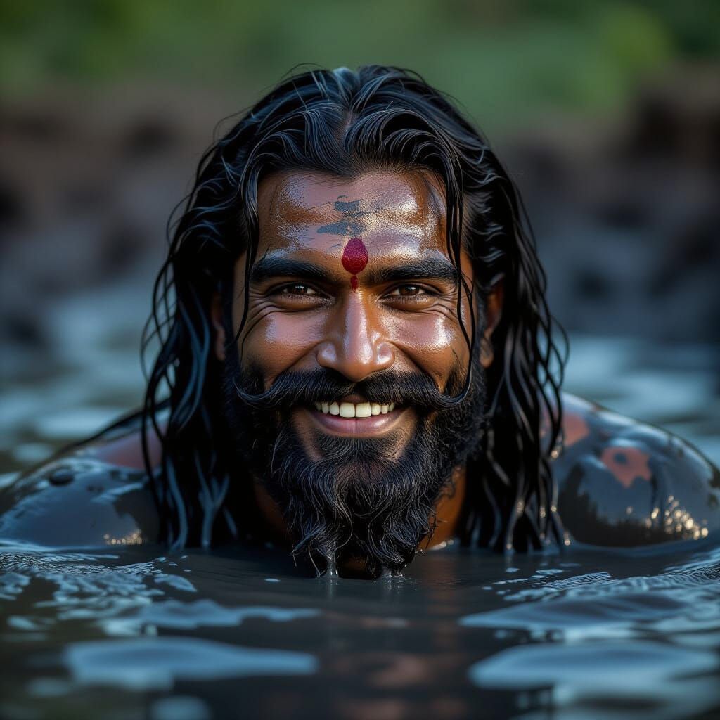Indian Man Smiles While Bathing in Deep Black Mud