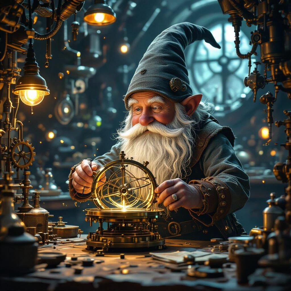 Gnome Tinkerer Adjusts Astrolabe in Steampunk Lab
