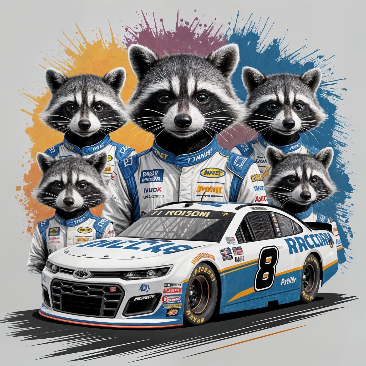 Raccoon Nascar Racing Team in Watercolor Style
