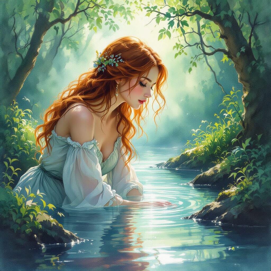Enchanted Forest Serenity: Woman by Mystical Stream