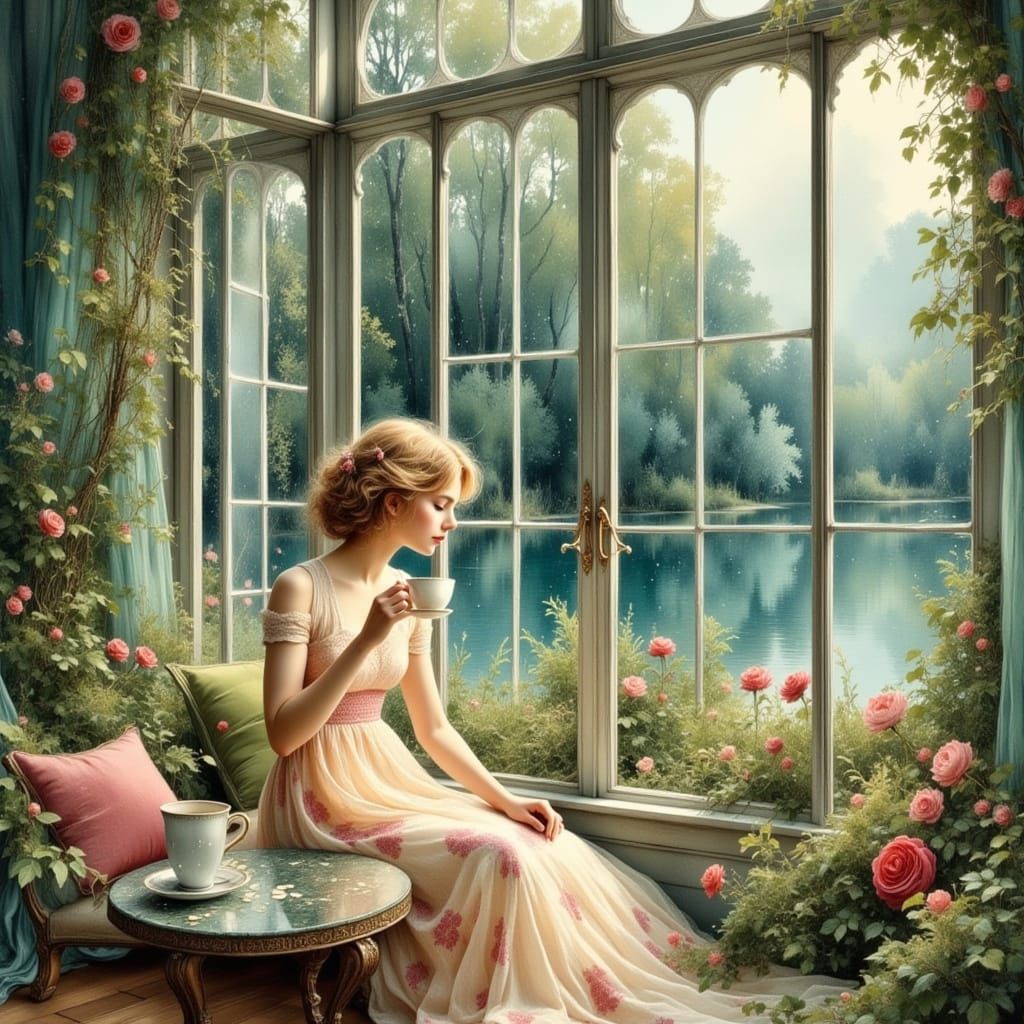 Fair Woman in Winter Garden: Art Nouveau Style