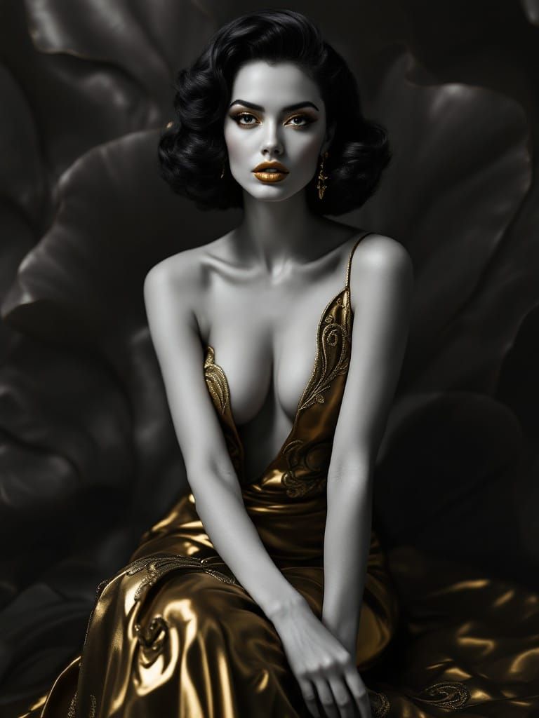 Elegant Woman in Gold Gown Confronts Dramatic Background