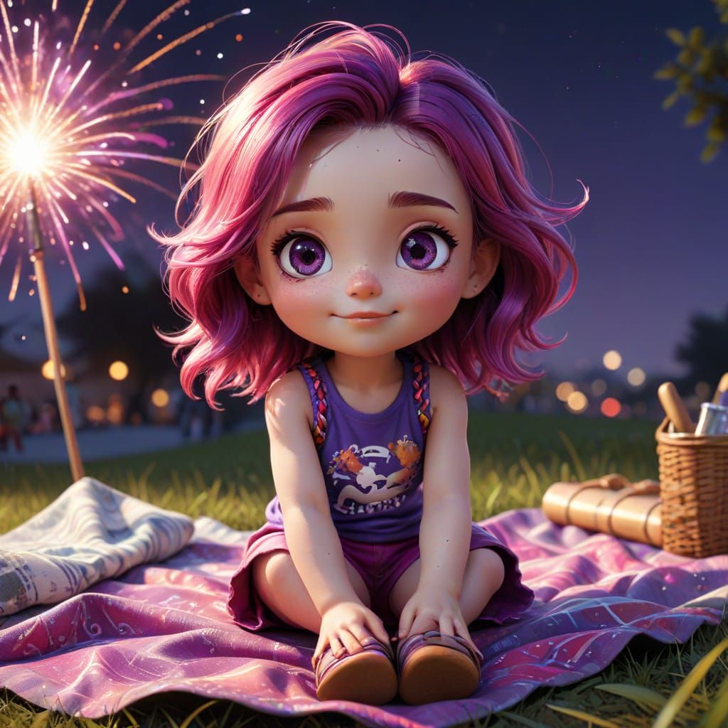 Chibi Girl's Joyful Fireworks Display in Digital Art
