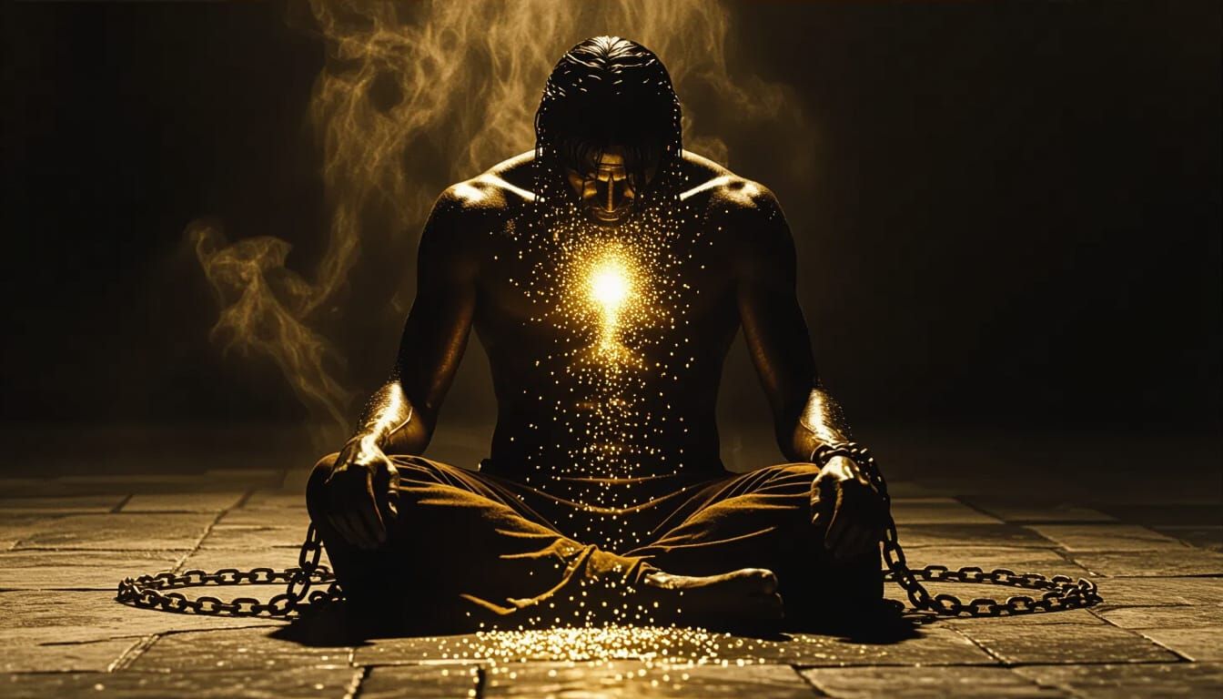Chained Figure Emitting Light in Dramatic Chiaroscuro Style