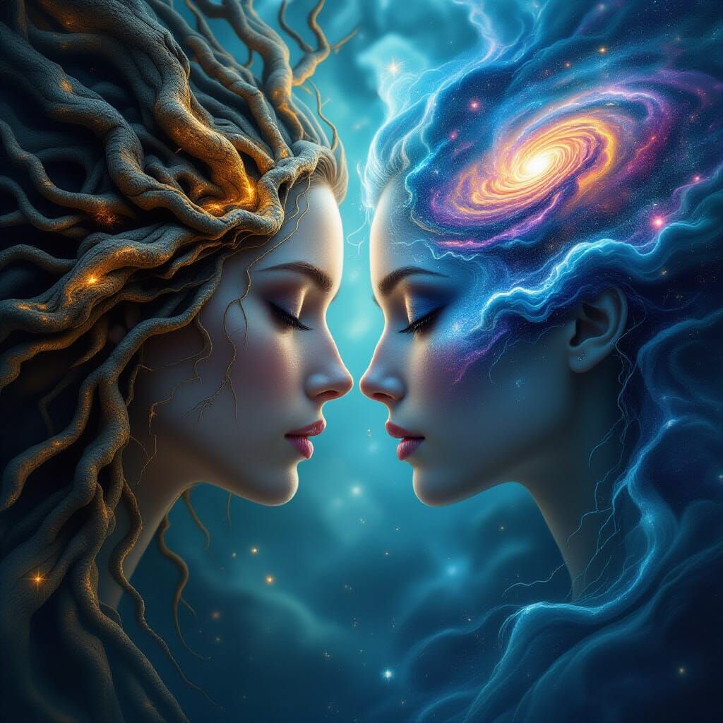Mystical Faces Merging: Roots and Cosmic Stars
