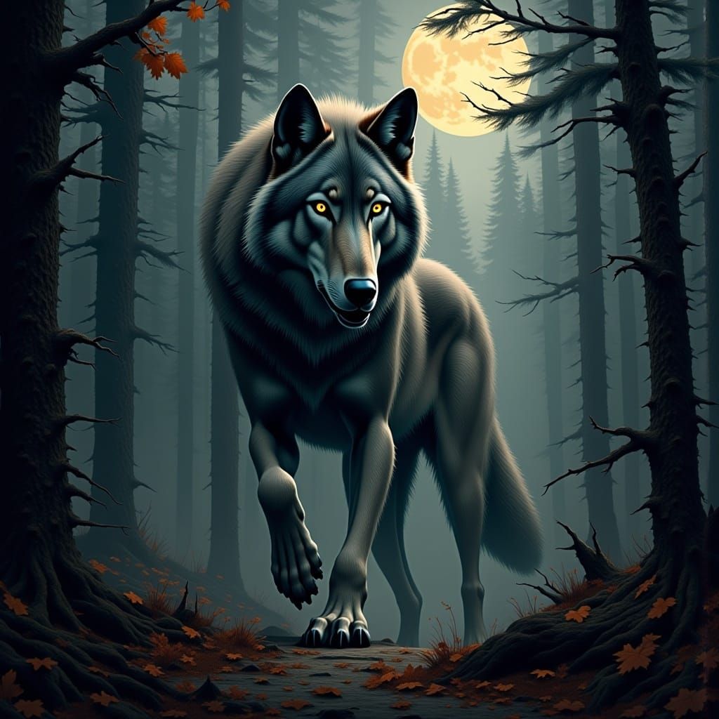 Majestic Gray Wolf in Moonlit Forest, Romantic Landscape
