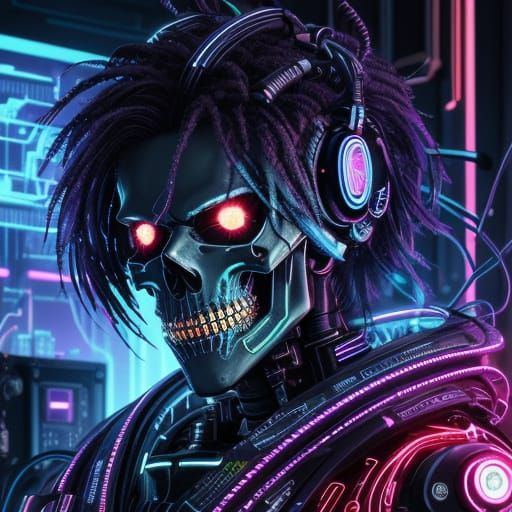 Neon Cyberpunk Skeleton Close-Up in Digital Art Style