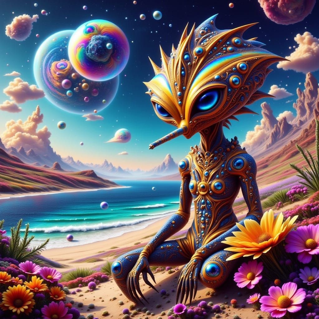 Gilded Alien Smokes on Flower Beach in Whimsical Style