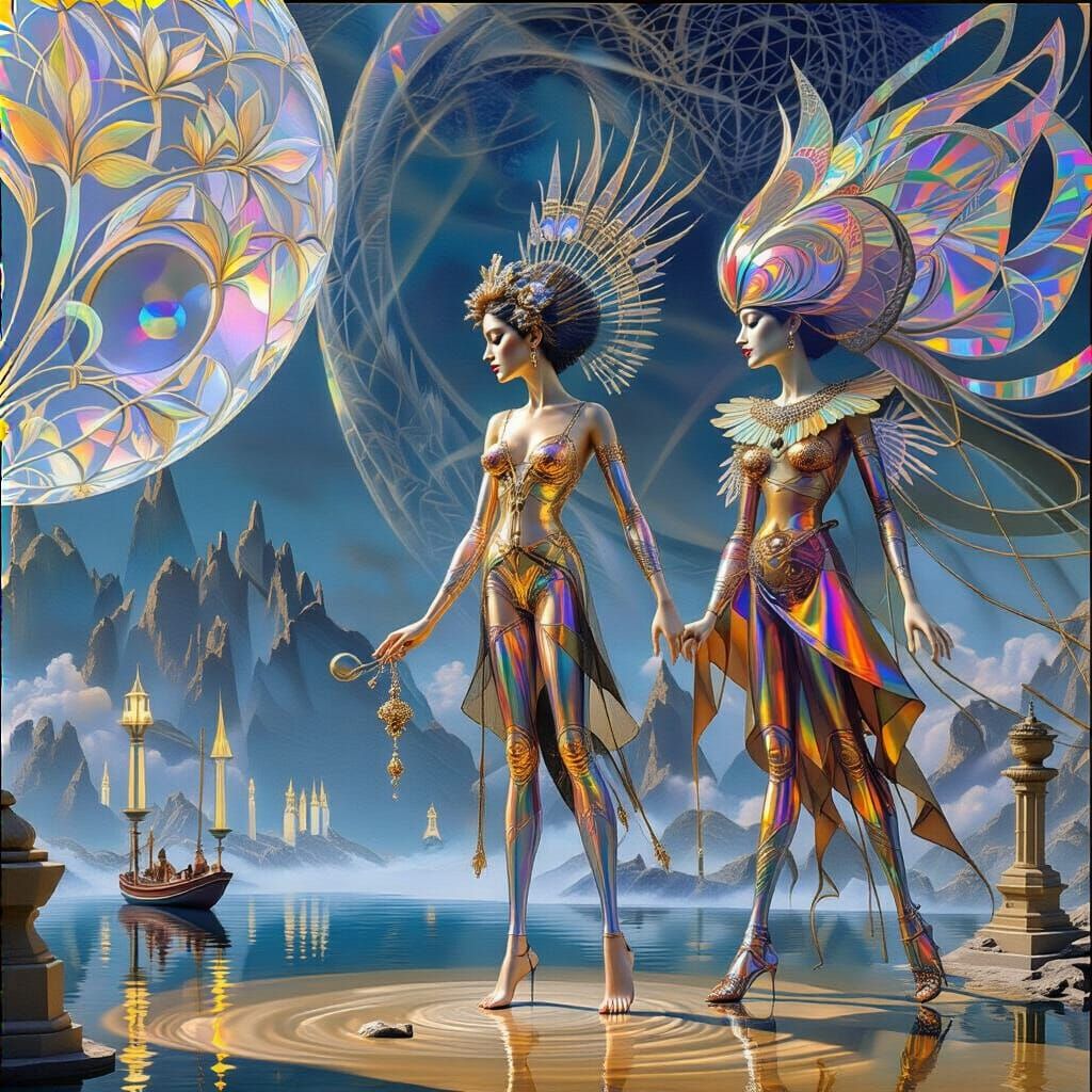 living man image in a framed painting and woman doll outside the painting kissing  by glass artist "gilded tenebrism" ar...