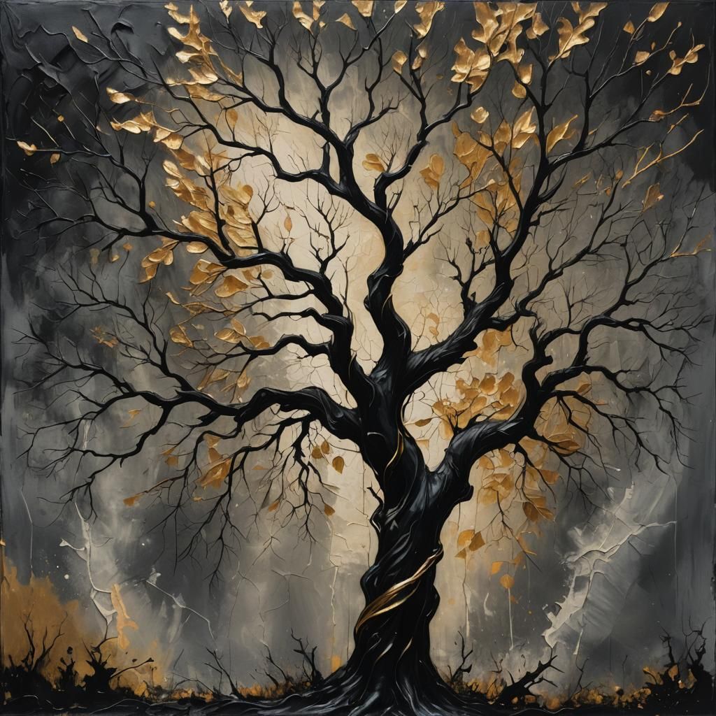 Sycamore Tree Rising from Void in Textured Painting