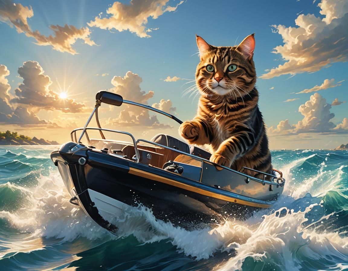 Tabby Cat Drives Boat: Vibrant Concept Art