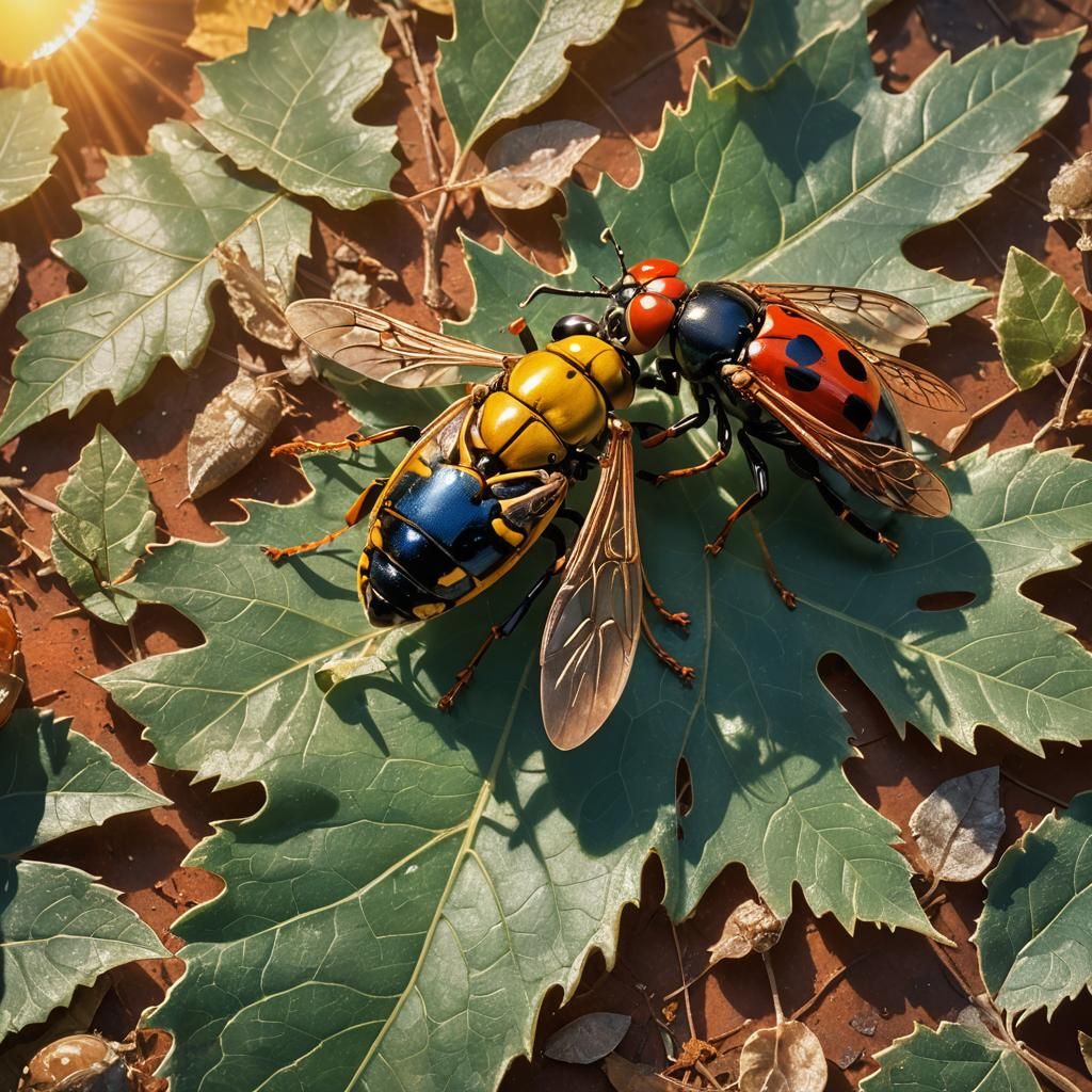 Hyperrealistic Wasp and Ladybug on Leaf