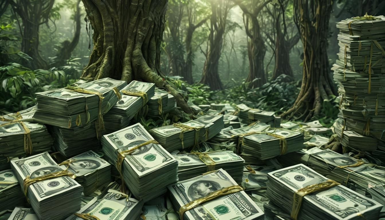 trees made of money, tropical jungle made out of money, lush jungle trees made of stacks of dollar bills, trees are made...
