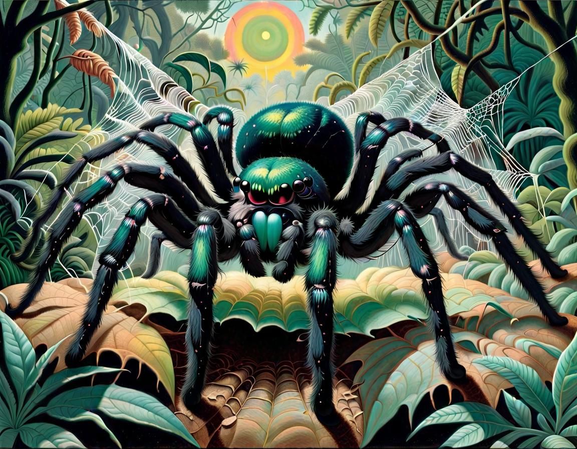 Giant Tarantula Weaving Web in Rousseau Style