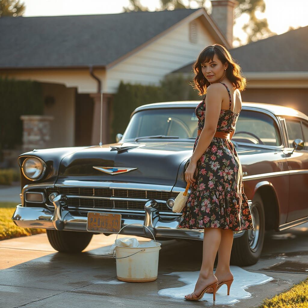 Curvaceous Woman in 1950s Dress Washing Car