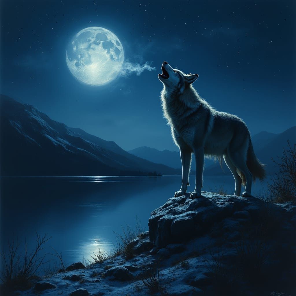 Majestic Wolf Howls Under Starry Night Sky