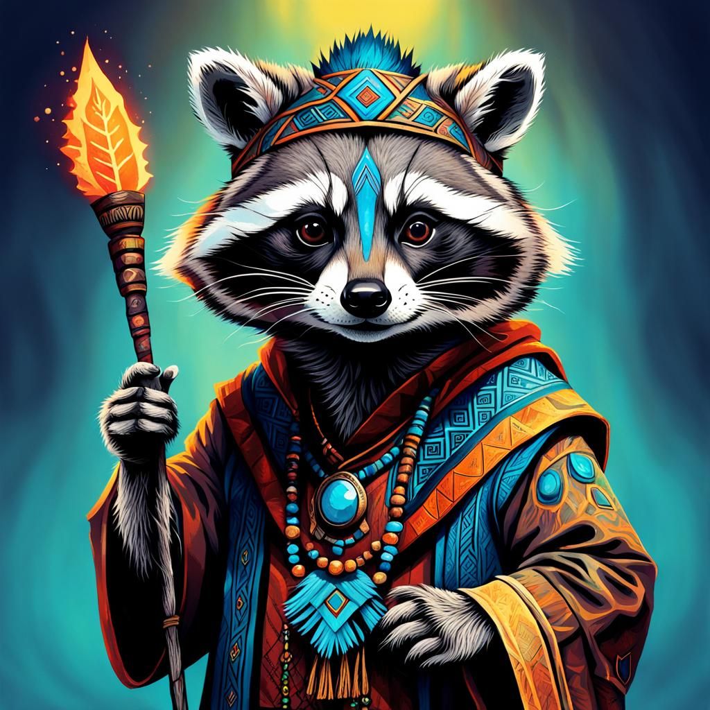 Abstract Shaman Raccoon in Complementary Colors
