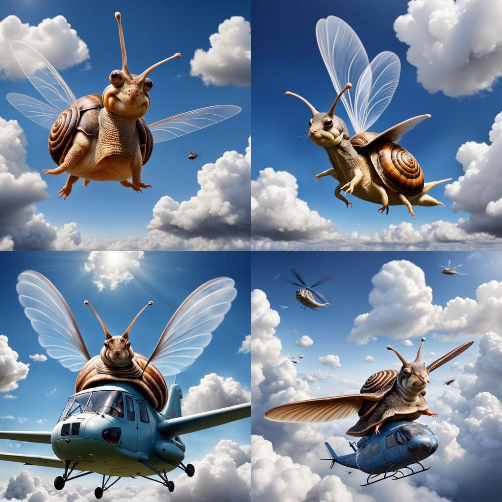 Whimsical Flying Snail on Clouds, Ready for Flight