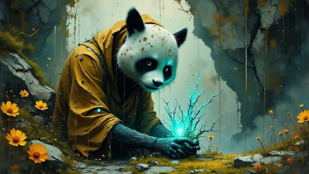 Ancient Ninja Panda Nurturing Bioluminescent Plant