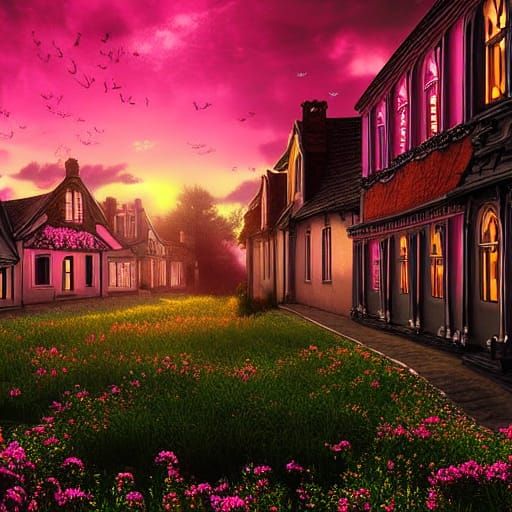 Monochrome Town with Glowing Flowers at Sunset