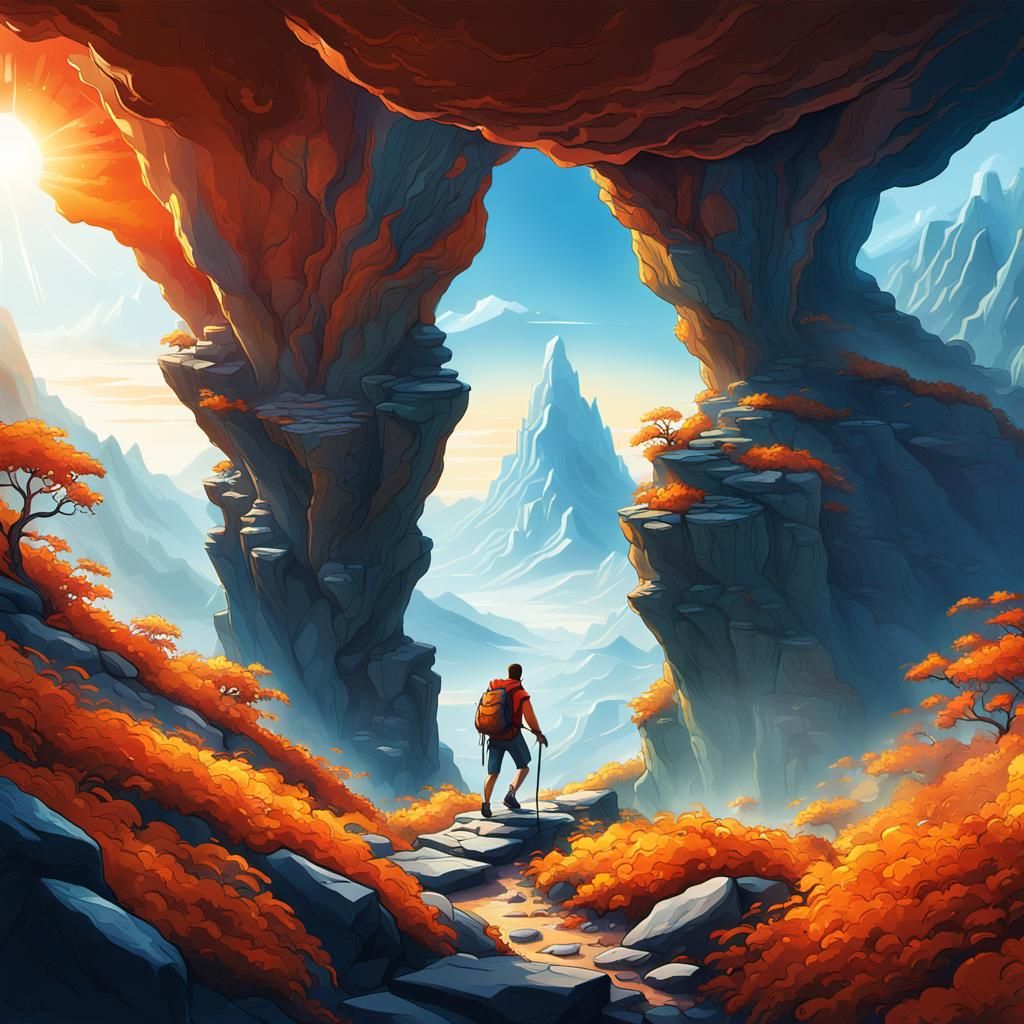 Hiker at Mountain Summit in Fantasy Style