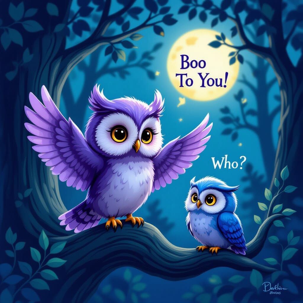 Whimsical Owl Duo in Mystical Forest