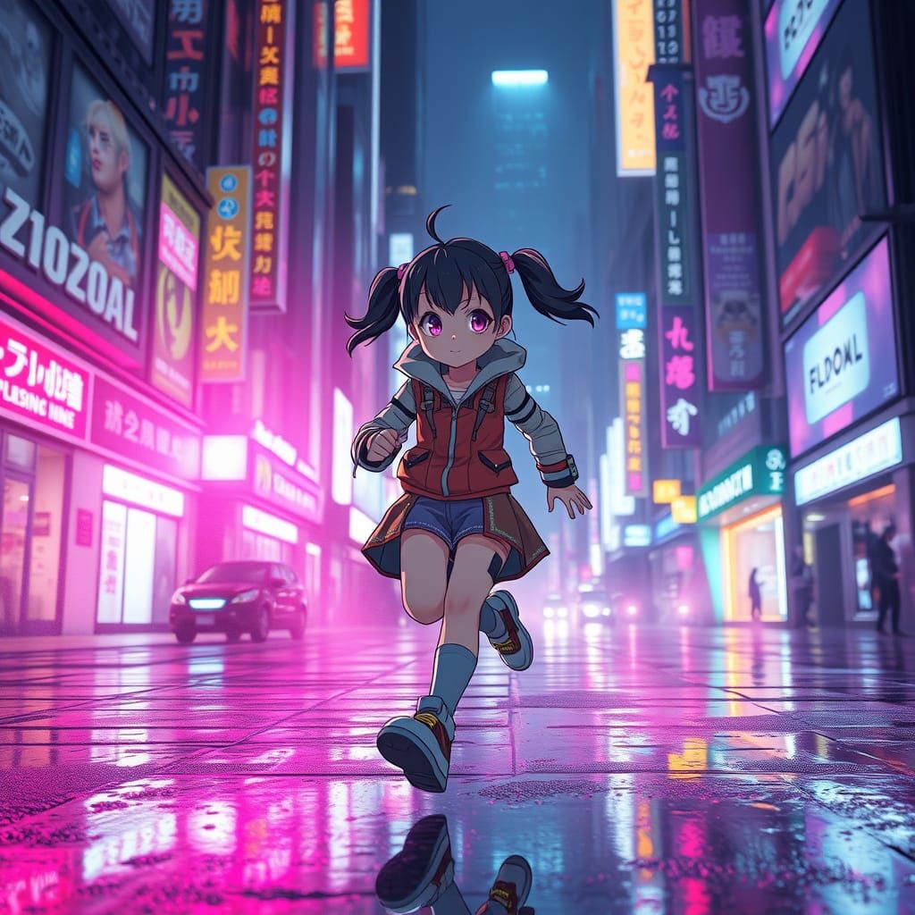 Cyberpunk Girl Runs Through Neon City