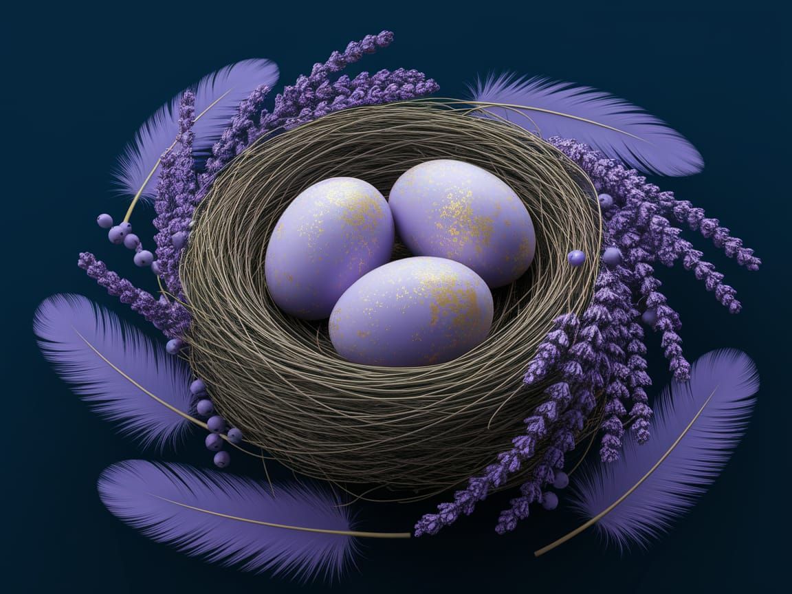 Realistic Bird's Nest with Lavender-Blue Eggs and Dried Lave...