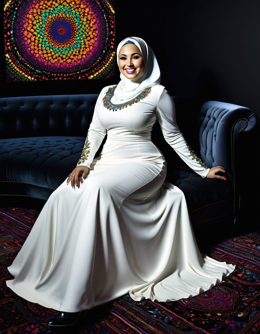 Vibrant Hijabi Woman in a Darkened Room