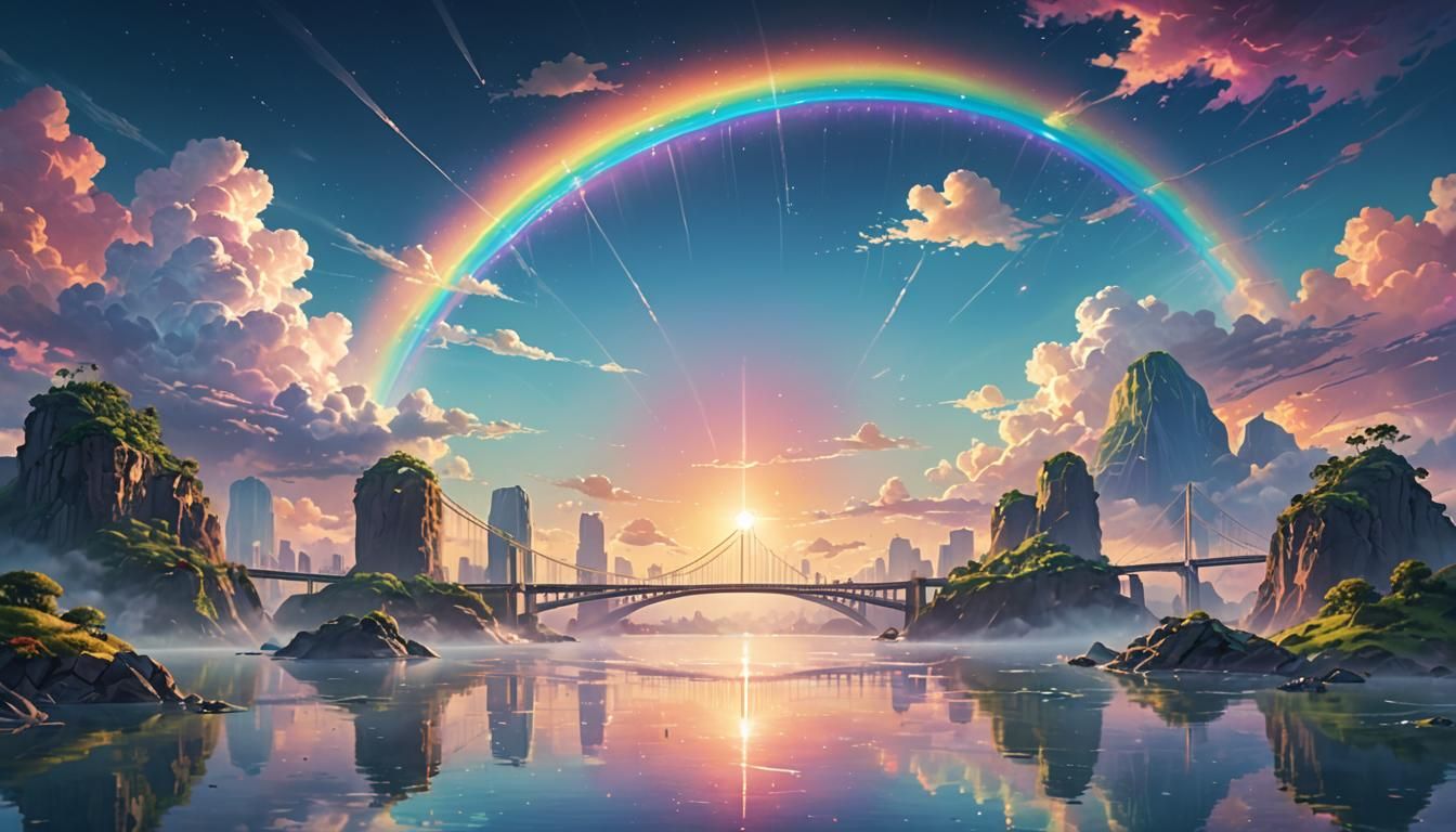 Rainbow Bridge Connecting Floating Islands: Dreamy Concept A...