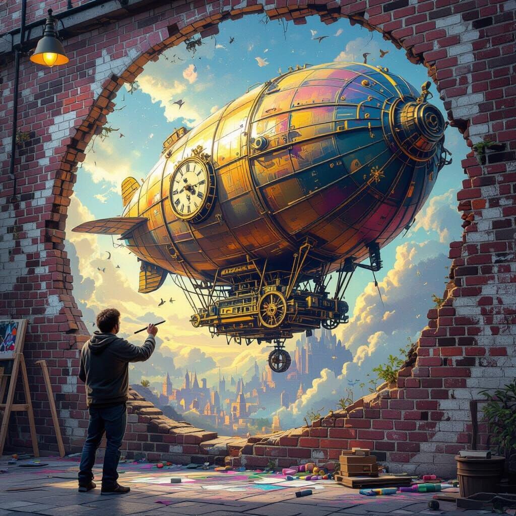 Artist Creates 3D World with Blimp Emerging from Wall