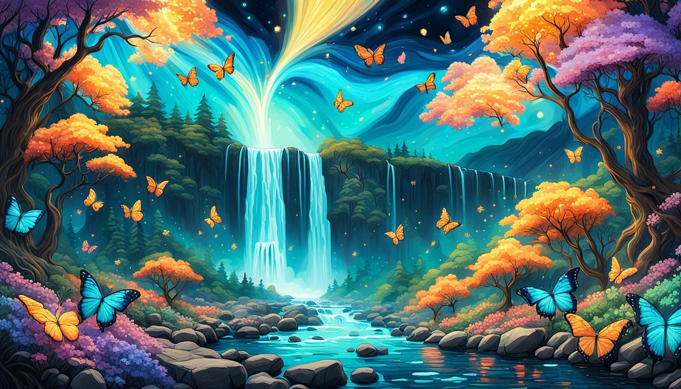 Radiant Waterfall Scene in Dreamlike Art Style
