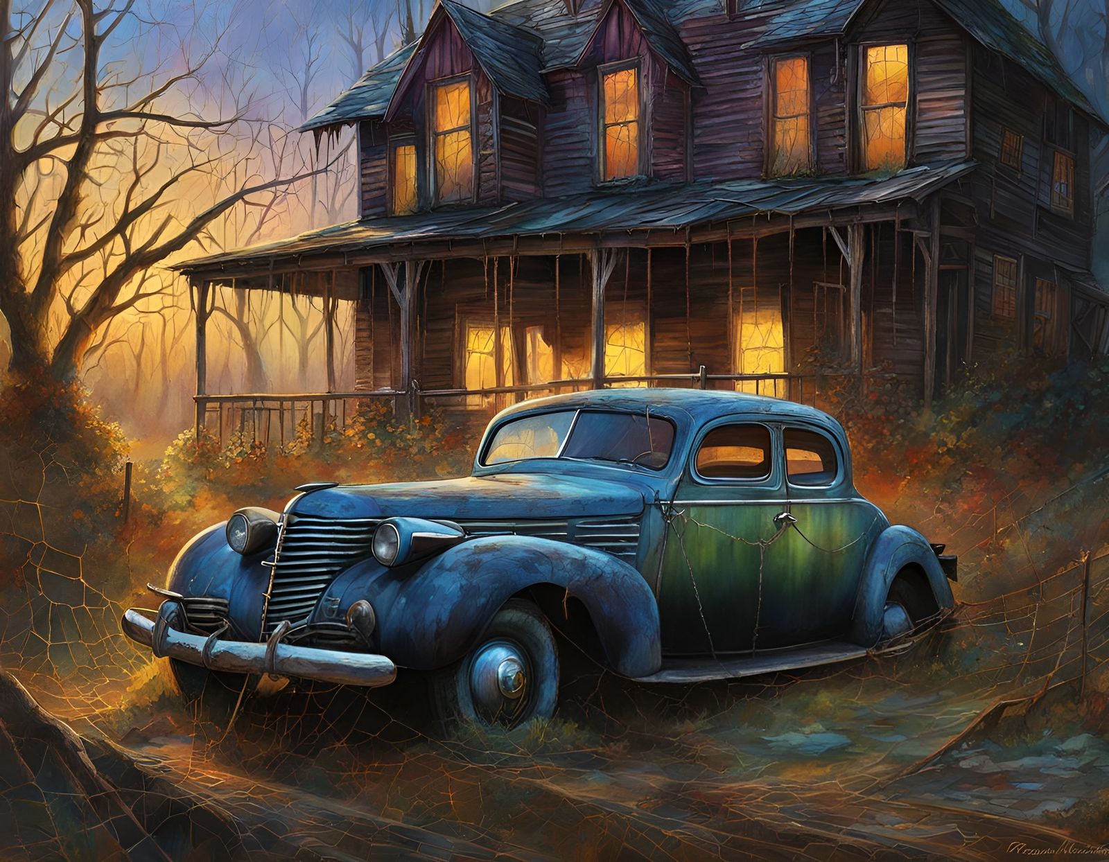 Dystopian Shack with Spiderwebs in Watercolor Style