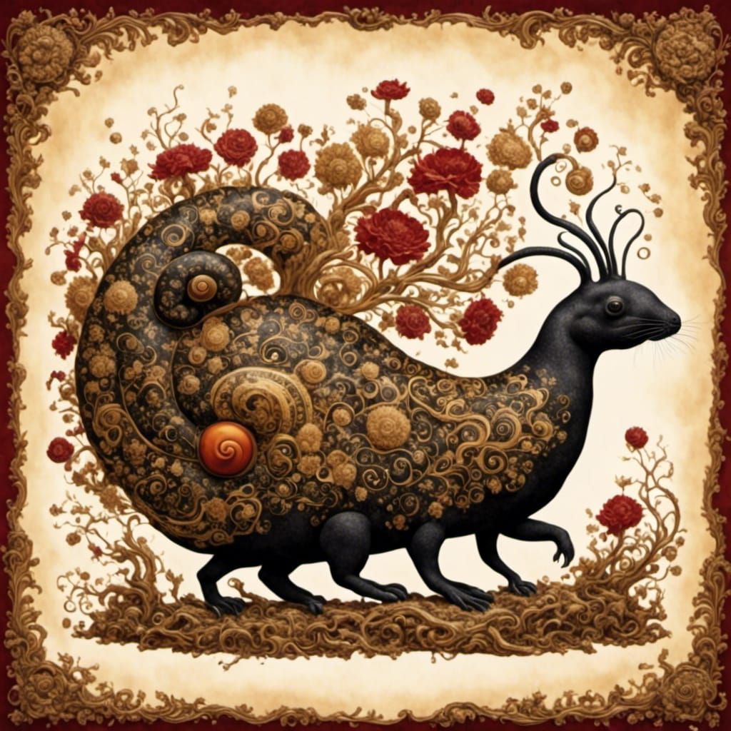 Surreal Ink Wash Painting with Amber Sculpture