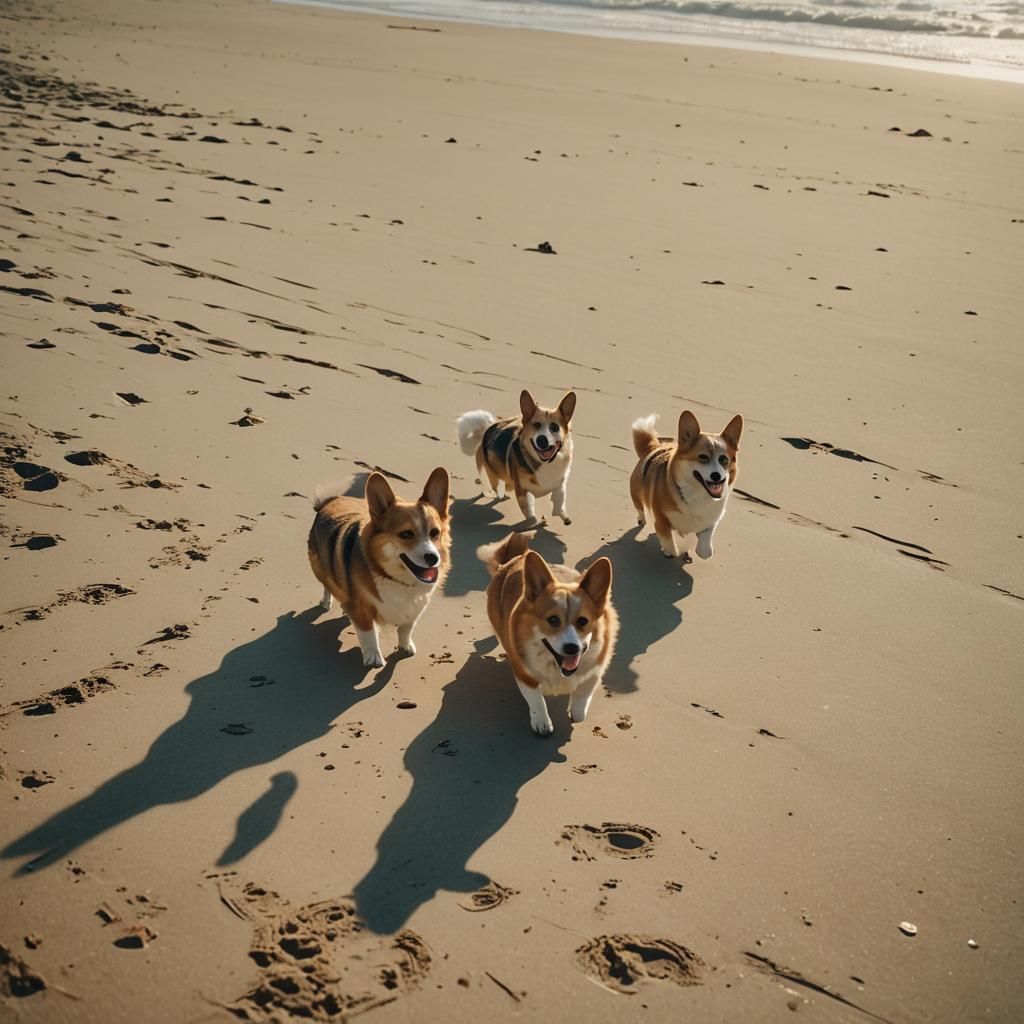 Corgis Run on Beach in Golden Hour Light