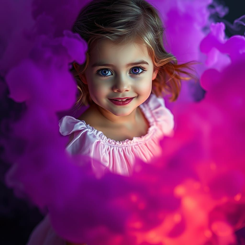 Little Girl Enveloped by Vibrant Smoke in Hyperrealistic HDR