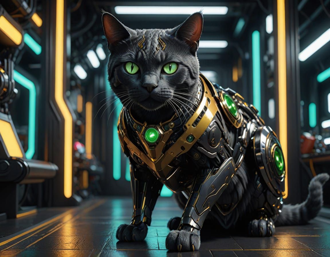 Cyberpunk Robotic Chartreux Cat in Futuristic Neon Setting