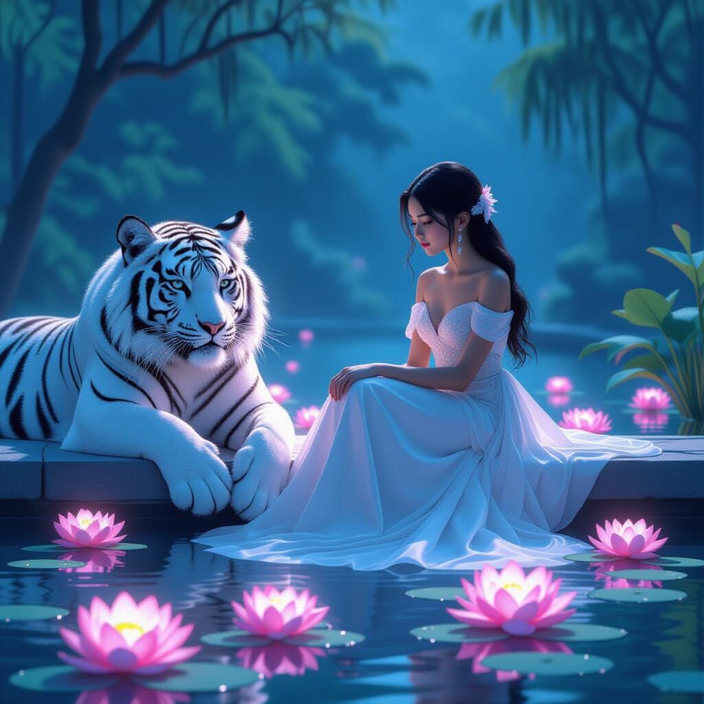 Girl with White Tiger by Rooftop Pond