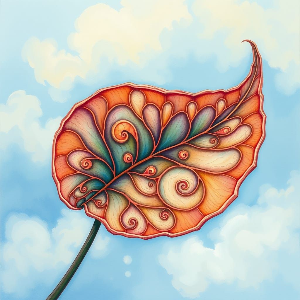 Dreamlike Fractal Leaf in Vibrant Gouache Style