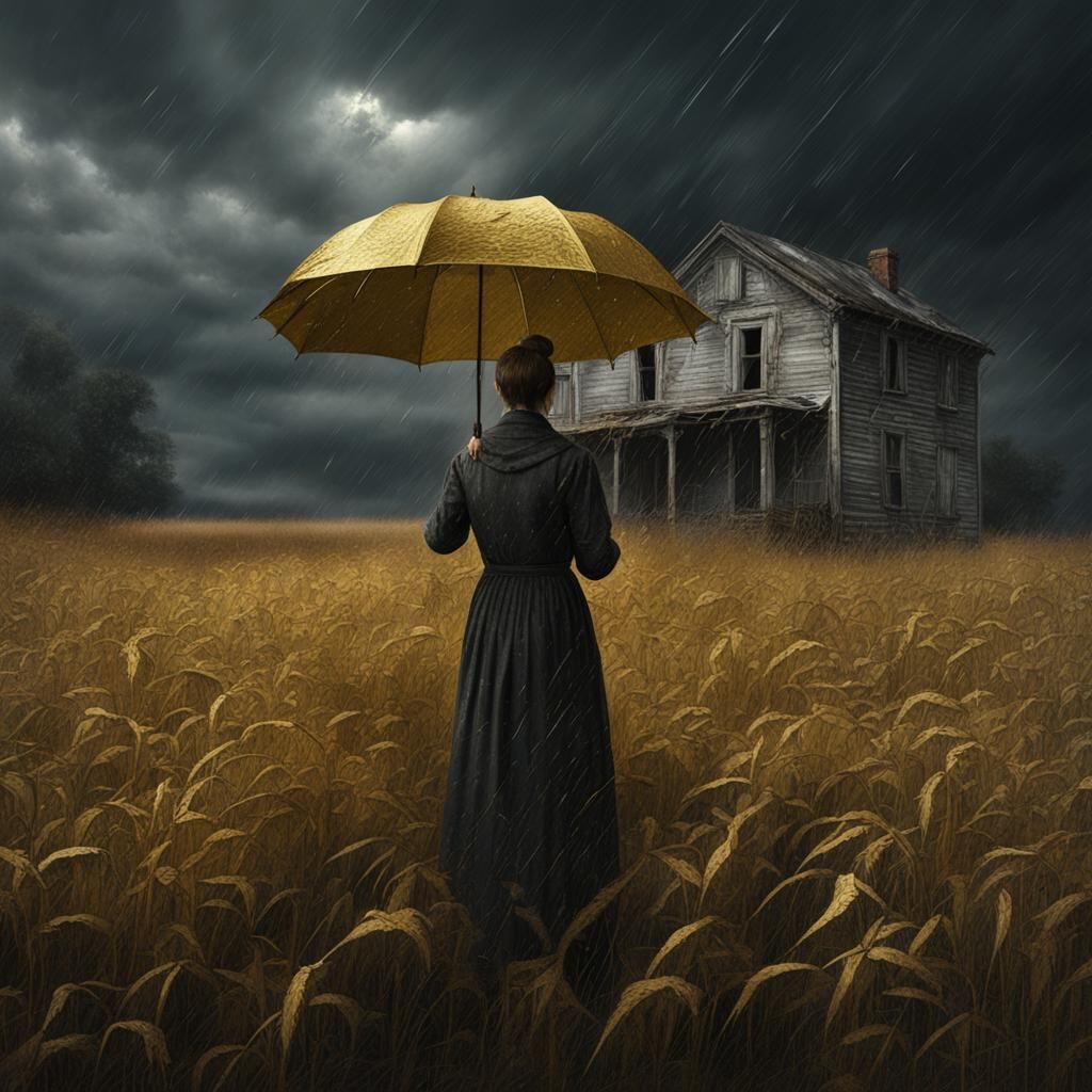 Woman with Gold Umbrella in Ominous Landscape
