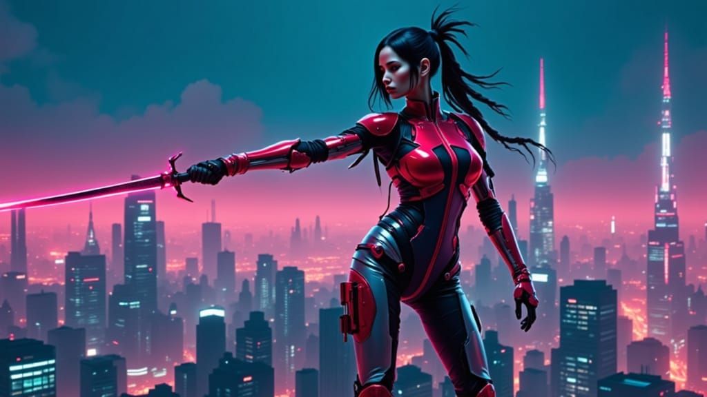 Futuristic Cyborg Hero in Neon-Lit Glory