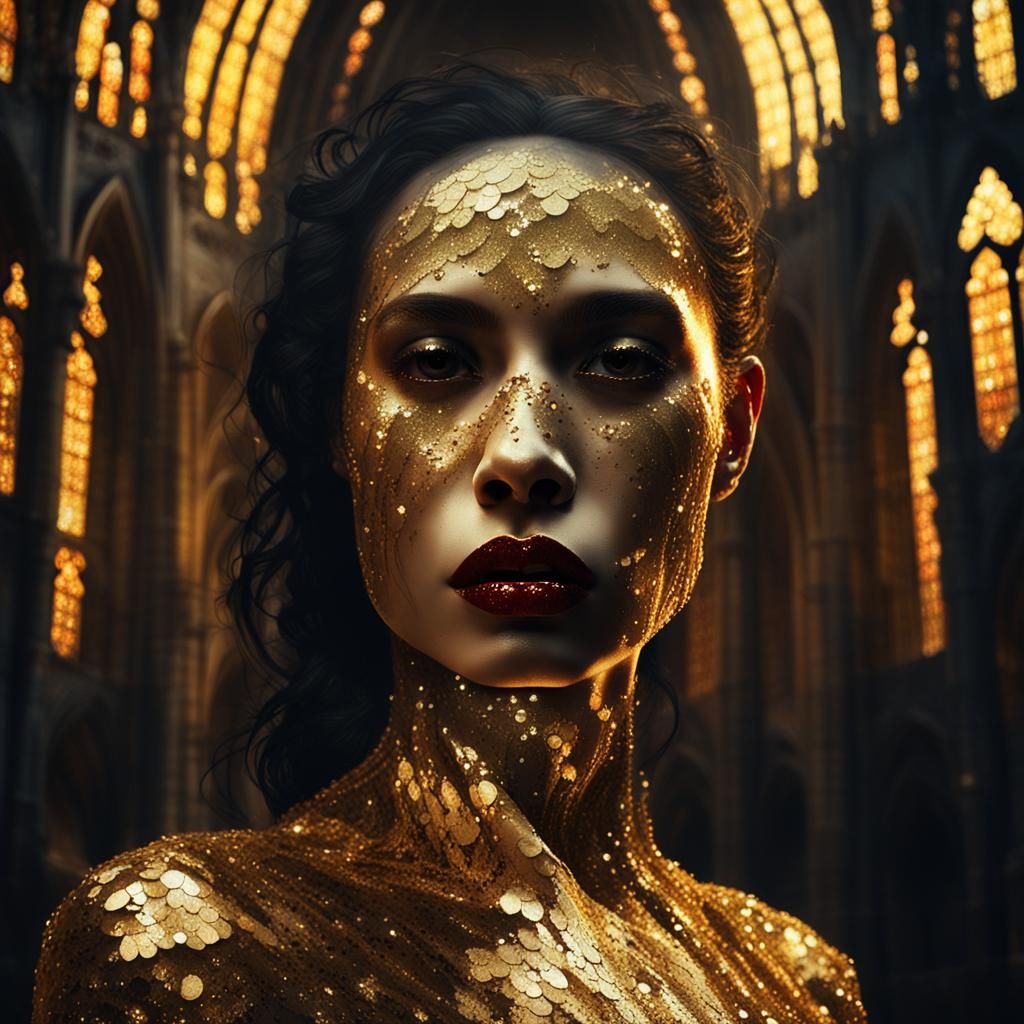 Latina Vampire in Gothic Cathedral, Digital Oil Painting